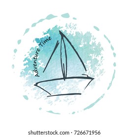 Logo with childish drawing with yacht silhouette. Light summer travel adventure sketch. Marine icon. Summertime marine greeting card. A sketch with an inscription adventure time.