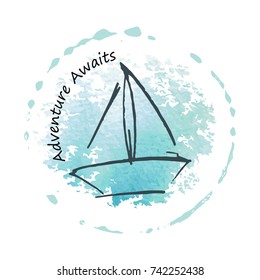 Logo with childish drawing with yacht silhouette. Light summer travel adventure sketch. Marine icon. Summertime marine greeting card. A sketch with an inscription adventure awaits.