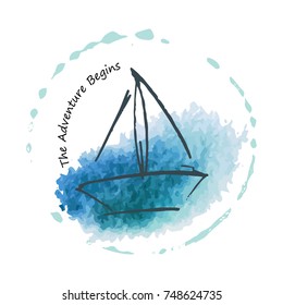 Logo with childish drawing with yacht silhouette. Light summer travel adventure sketch. Marine icon. Summertime marine greeting card. A sketch with an inscription adventure begins.