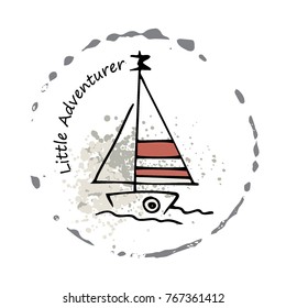 Logo with childish drawing with yacht silhouette. Light summer travel adventure sketch. Marine icon. Summertime marine greeting card. A sketch with an inscription.