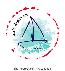 Logo with childish drawing with yacht silhouette. Light summer travel adventure sketch. Marine icon. Summertime marine greeting card. A sketch with an inscription.