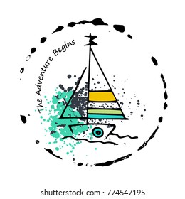 Logo with childish drawing with yacht silhouette. Light summer travel adventure sketch. Marine icon. Summertime marine greeting card. A sketch with an inscription.