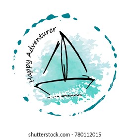 Logo with childish drawing with yacht silhouette. Light summer travel adventure sketch. Marine icon. Summertime marine greeting card. A sketch with an inscription.