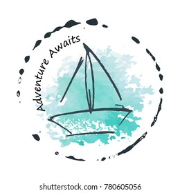 Logo with childish drawing with yacht silhouette. Light summer travel adventure sketch. Marine icon. Summertime marine greeting card. A sketch with an inscription.
