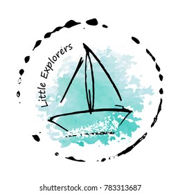 Logo with childish drawing with yacht silhouette. Light summer travel adventure sketch. Marine icon. Summertime marine greeting card. A sketch with an inscription.