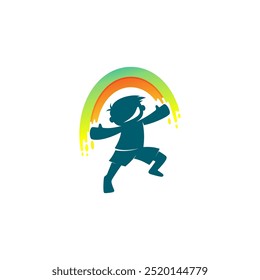 Logo von Kindern, die glücklich sind und einen Regenbogen darüber bilden