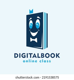 Logo for children education. Blue logo featuring a book character.