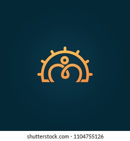 Logo with a children's camp. Vector Icon with kid and the sun. Vector coloful logo design resort, spa, travel, fitness, active Lifestyle. Simple Silhouette of happy people.