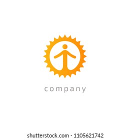 Logo with a children's camp. Vector Icon with kid and the sun. Vector coloful logo design resort, spa, travel, fitness, active Lifestyle. Simple Silhouette of happy people .