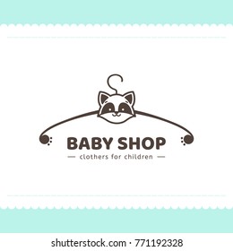 Logo for children's clothing shop. Vector template of the brand for the designer. Element for Studio sewing and tailoring. Vector illustration of a hanger and a raccoon in cartoon style.