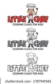 Logo for children's cooking classes. Icon of a boy in chef uniform, raising a hand with a ladle, smiling, with a typography with the name "Little chef". Versions in color, outline and grayscale.