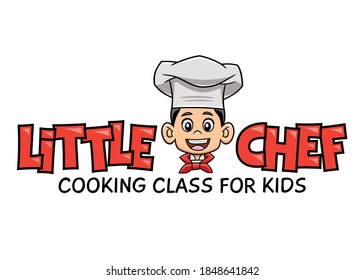 Logo for children's cooking classes. Icon of the face of a happy boy in chef uniform, with a typography with the name "Little chef". Cartoon style.