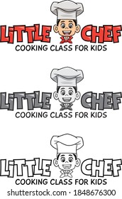 Logo para clases de cocina infantil. Icono de la cara de un niño con uniforme de chef, en un estilo de dibujos animados, con una tipografía con el nombre de "Pequeño chef". Versiones en color, contorno y escala de grises.