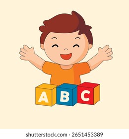 logo for children's goods store. happy child with cubes