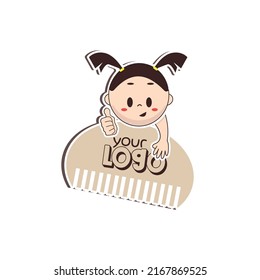Logo for a children's hairdresser, a girl with ponytails holds a comb