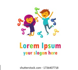 Logo for children's music school. Vector illustration of funny kids.Vocal lessons. Music. Notes.