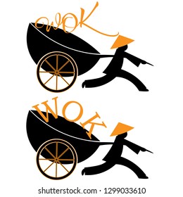 logo Chinese food delivery man running with the wok and wok on wheels