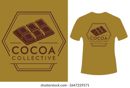 A logo with a chocolate bar and the words Cocoa Collective on a t-shirt mockup.
