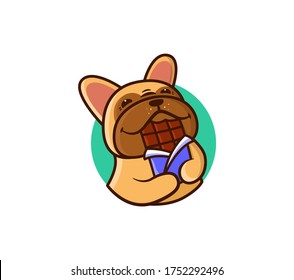 The logo Chocolate. Logotype dog eat chocolate. Funny animal, cartoon character, bulldog, sticker, emblem on white background isolated. Vector illustration