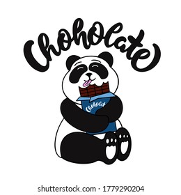 The logo Chocolate. Logotype panda eat chocolate. Funny animal, cartoon character, sticker, emblem on white background isolated. Vector illustration