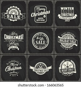 logo christmas background label year vintage design retro new sale set of new year and christmas sale vintage chalk text labels on a blackboard logo christmas background label year vintage design retr