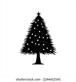 Logo Christmas tree monogram negative space vector. A black and white christmas tree with snow on it's branches and a star on top of it