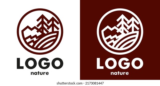 The logo of the Christmas tree and the river. Linear design. An icon for a natural product. An emblem for a nature park