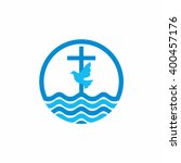 Logo church. Christian symbols. Cross and dove, waves. Jesus - the source of living water.