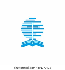 Logo church. Christian symbols. The Cross of Jesus, the Bible and the world