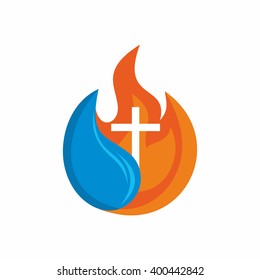 Logo Church. Christian Symbols. Cross. The Fire Of The Holy Spirit And The Living Water Flows.