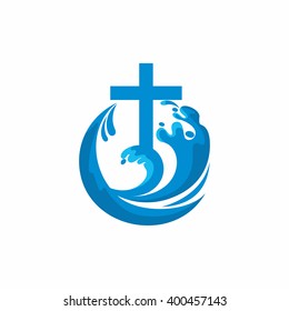Logo church. Christian symbols. Cross and waves. Jesus - the source of living water.