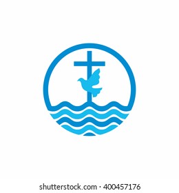 Logo Church. Christian Symbols. Cross And Dove, Waves. Jesus - The Source Of Living Water.