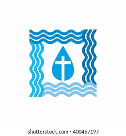 Logo church. Christian symbols. Cross, waves, drop. Jesus - the source of living water.