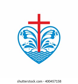 Logo church. Christian symbols. Heart, cross and waves. Jesus - the source of living water.