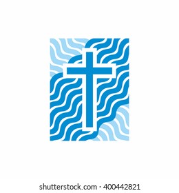 Logo church. Christian symbols. Waves, cross, streams of water alive.