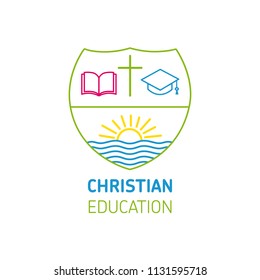 Logo for church or christianity education, open book, cross, square academic cap and sun on river. Christian university or sunday school learning sign template design. Vector illustration