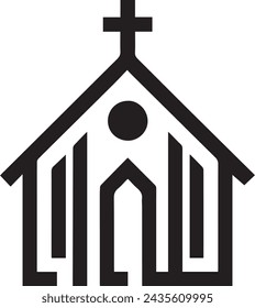 Logo of a church featuring a cross and a church building. Iconic church symbol with a cross and a church edifice.