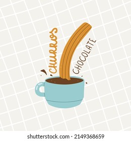 Logo for churreria. Churros and chocolate. Spanish traditional pastries for breakfast. Vector illustration for design and handwritten text.