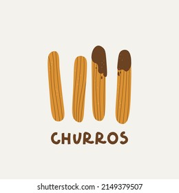 Logo for churreria. Churros and chocolate. Spanish traditional pastries for breakfast. Vector illustration for design and handwritten text.