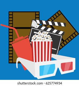 Logo cinema with 3D glasses, popcorn and cola. Flat design, vector illustration, vector.