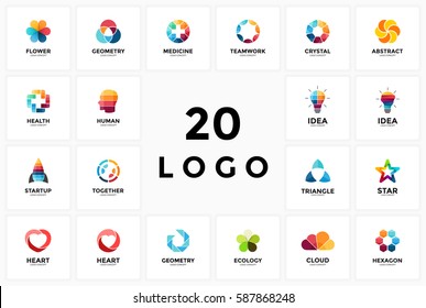 Logo circle creative sign symbol. Design geometric element. Light bulb idea, medical health plus, heart love, startup rocket, star, teamwork together brain head, ecology nature flower leaves, cloud