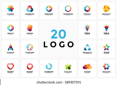 Logo circle creative sign symbol. Identity logotype. Design geometric element. Light bulb, medical health plus, heart love, startup rocket, star, teamwork brain head ecology nature flower leaves cloud