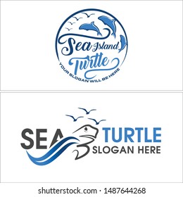 Logo circle dolphin bird blue and turtle illustration vector suitable for animal sea rescue captivity care
