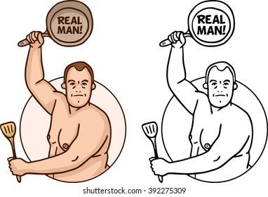 logo circle real fat man in underpants with a frying pan set