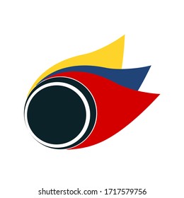 Logo with a circle and three fins in red blue and yellow