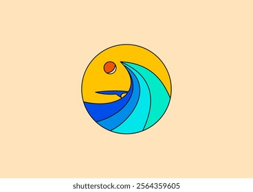 The logo is a circle with a yellow background. Inside the circle, there are elements depicting a beach scene. There are images of dark blue and light blue waves that curve to the right.