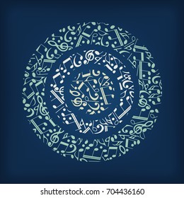 Logo circles of the music-vector illustration. The circular pattern of notes in the form of a logo on a blue background.