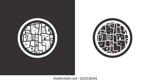 Barrio de Construcción de la Ciudad con Logotipo. Icono de la metrópolis para la ropa. Noche y día de la ciudad