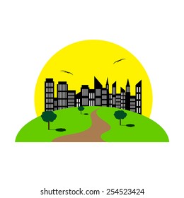 logo. The city and trees against the sun