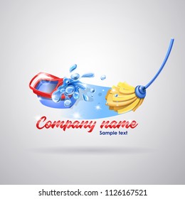 Logo cleaning service: Mop and bucket cleaning the floor with splash. Vector